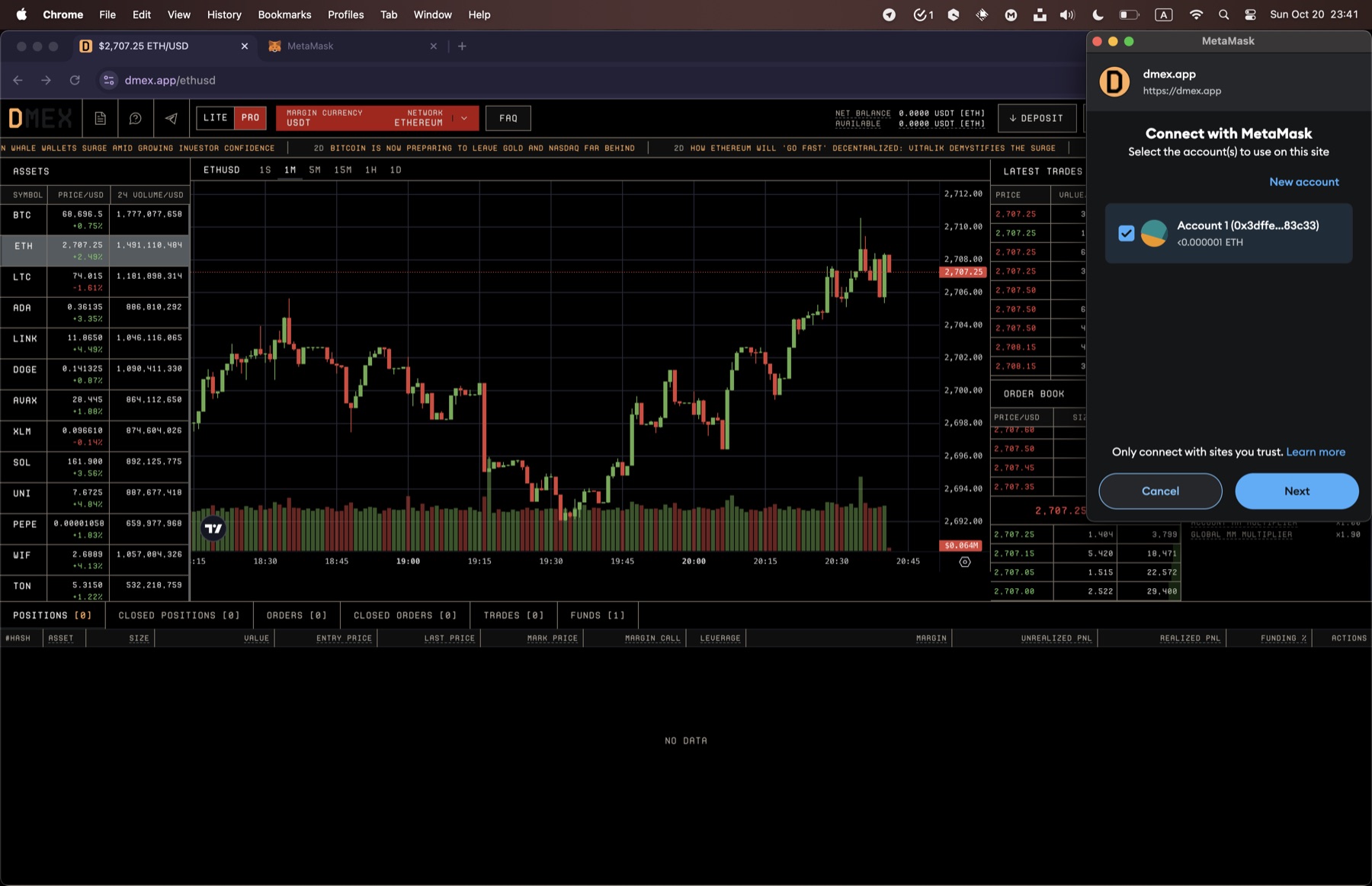 DMEX connecting a MetaMask wallet on the ETH/USD trading screen