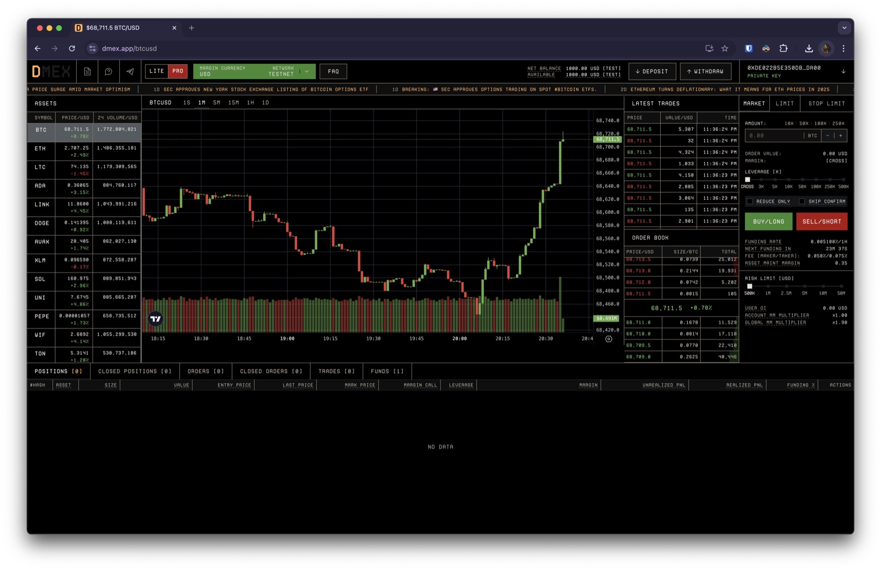 DMEX pro trading terminal with BTC/USD chart, order book, and leverage controls