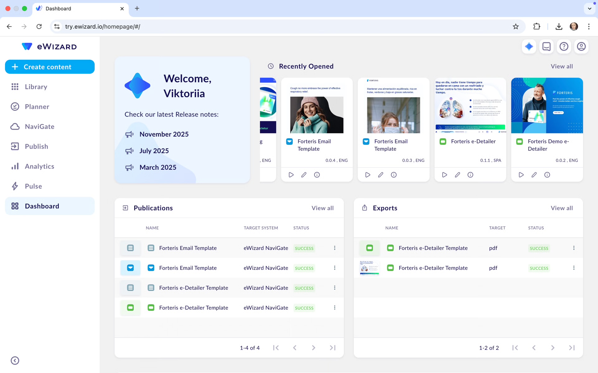 eWizard dashboard with recently opened templates, publications, and exports