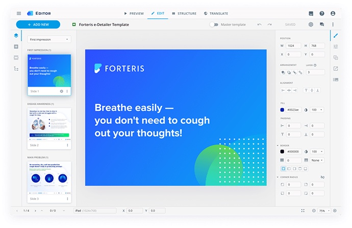 eWizard editor editing a Forteris e-Detailer slide template