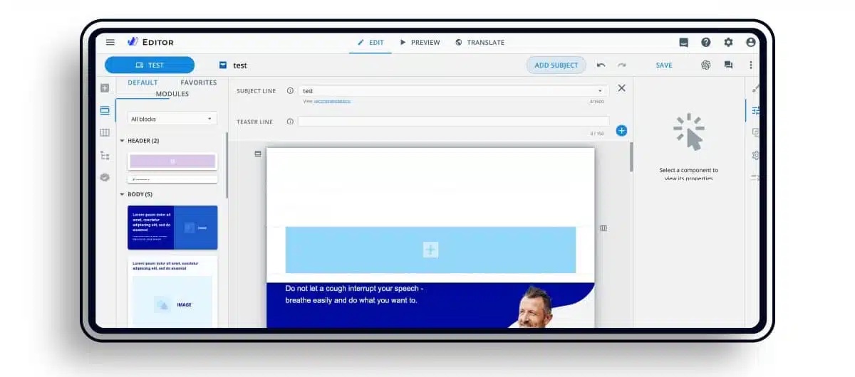 eWizard email template editor with drag-and-drop content modules