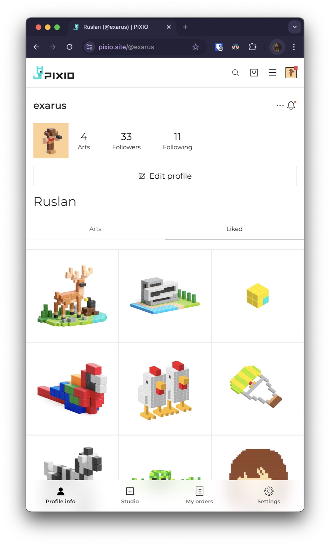 PIXIO artist profile page with followers and liked voxel artworks