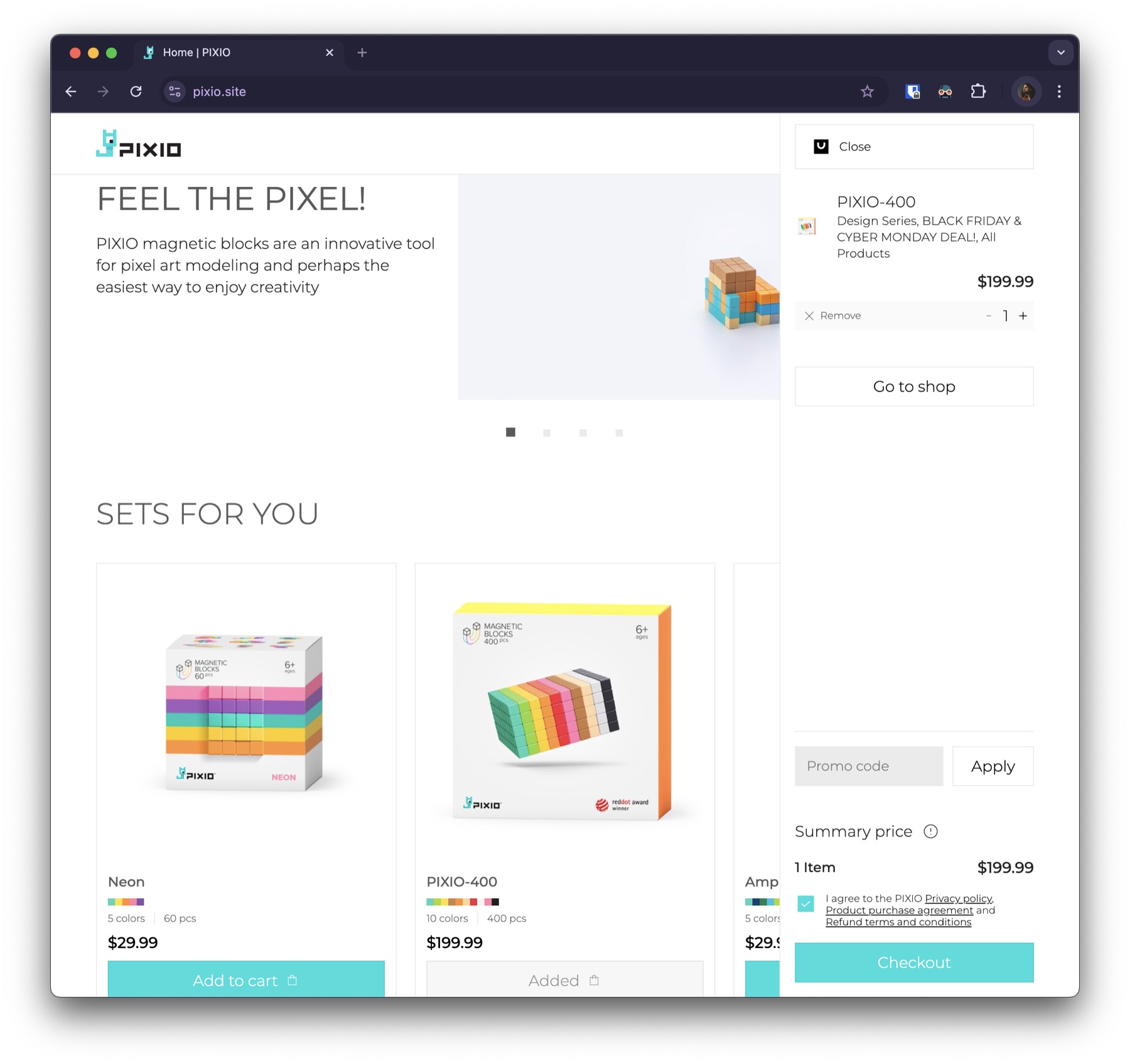 PIXIO storefront with product cards and shopping cart