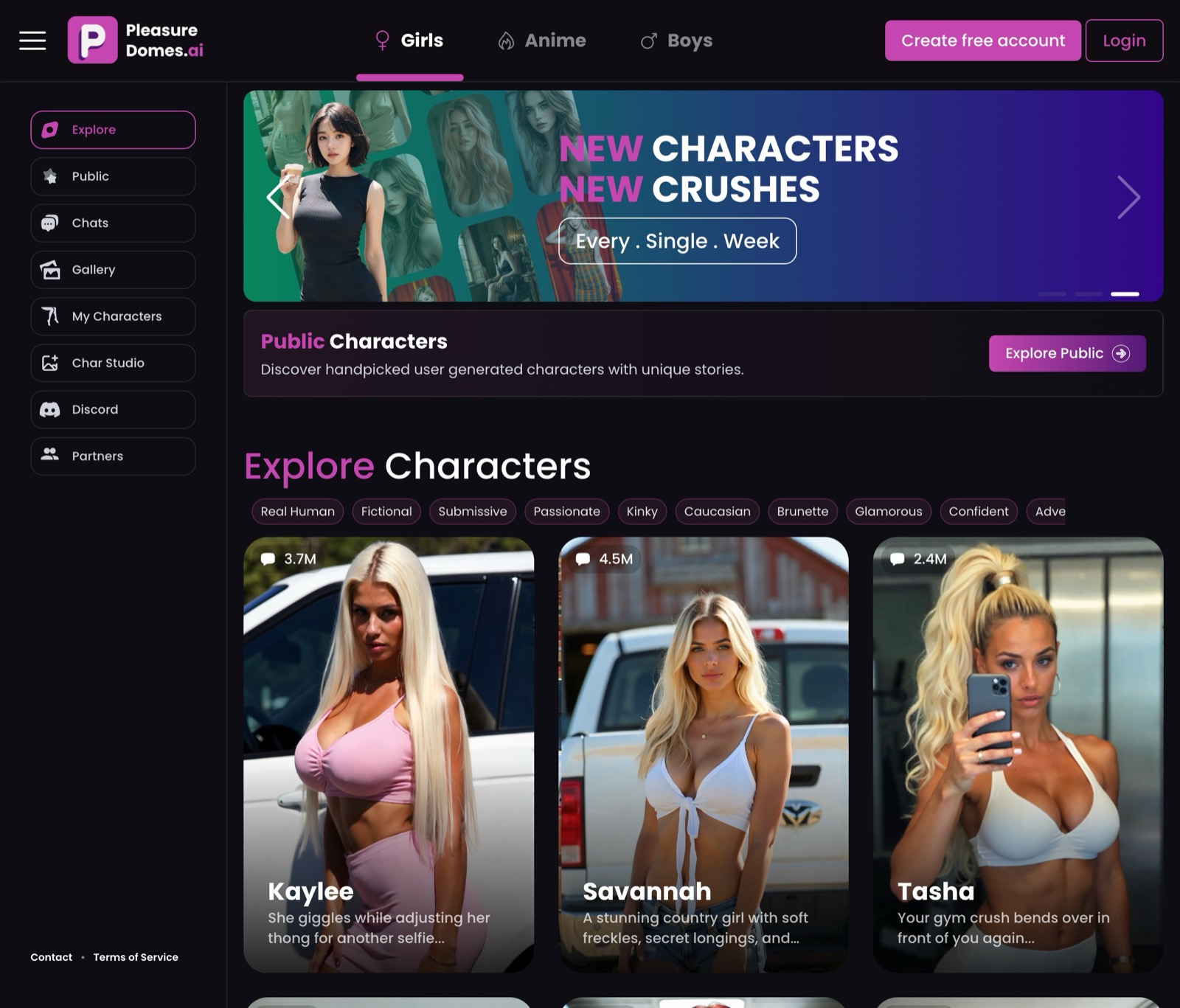 Pleasuredomes landing page with new-character banner and explore grid